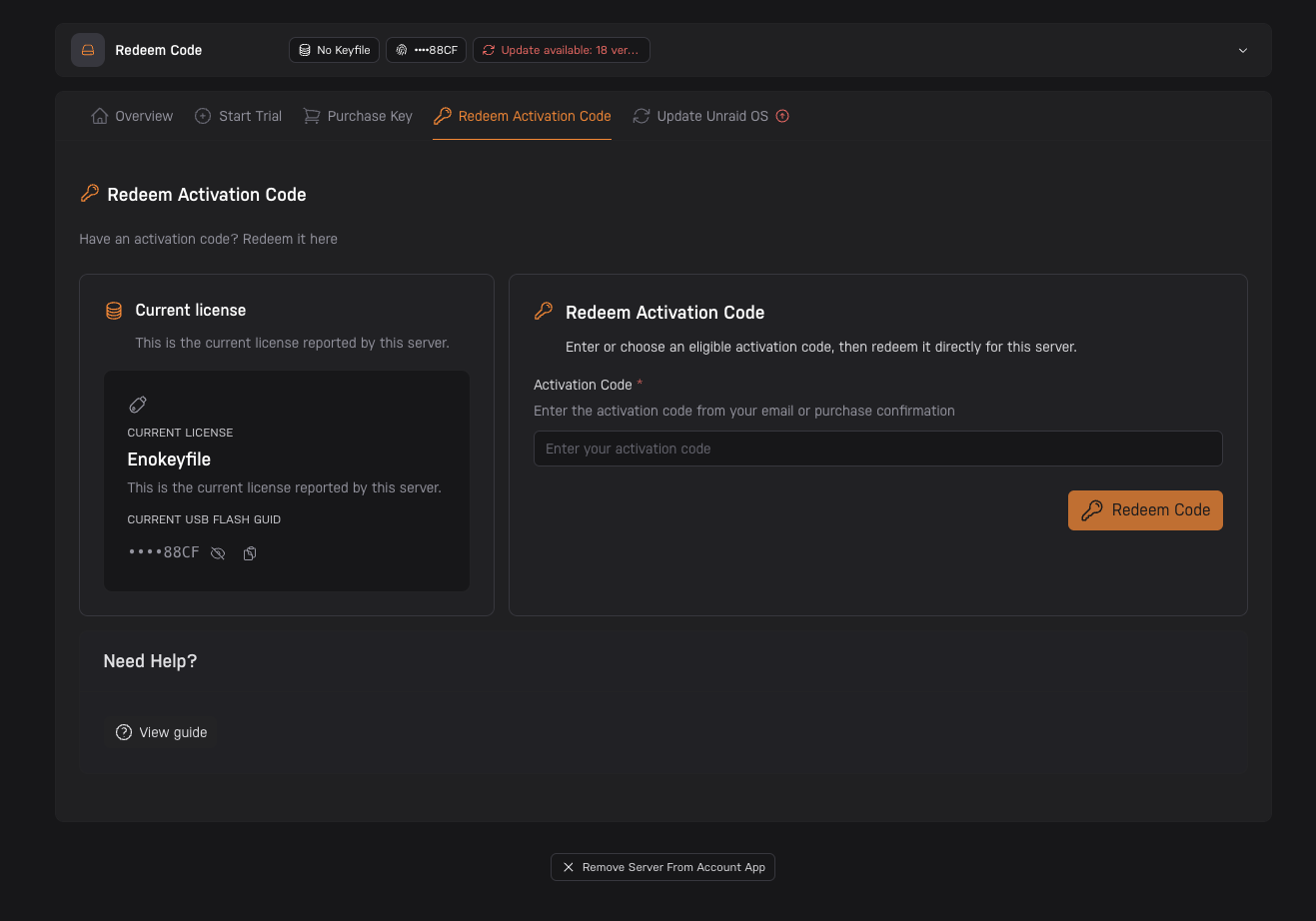 Account app Redeem Activation Code page with the activation code input and Redeem Code button